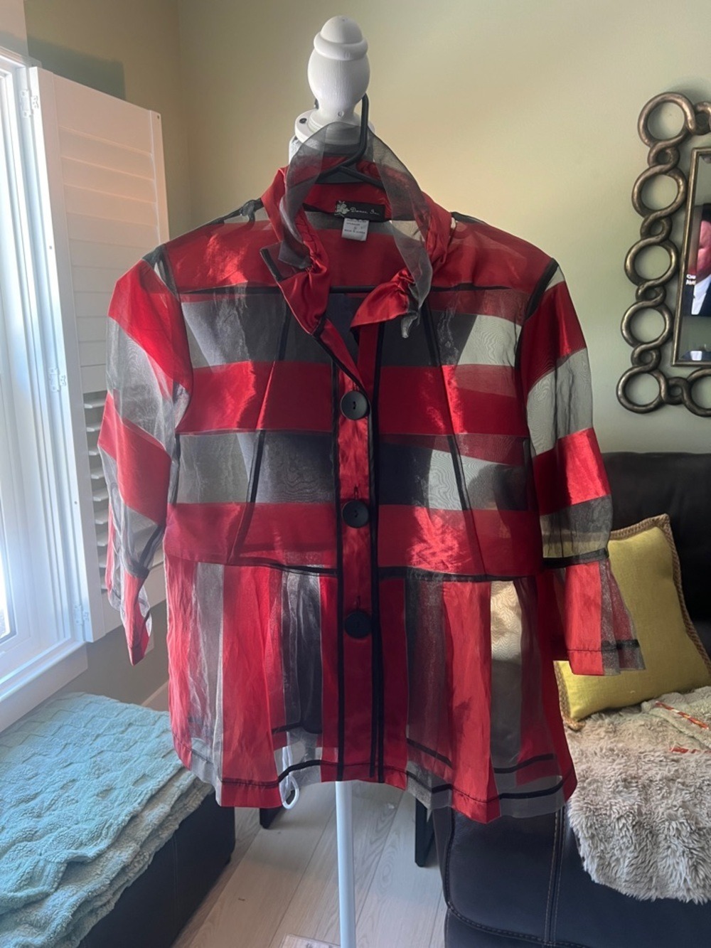 Red and Black Sheer Plaid Button Jacket